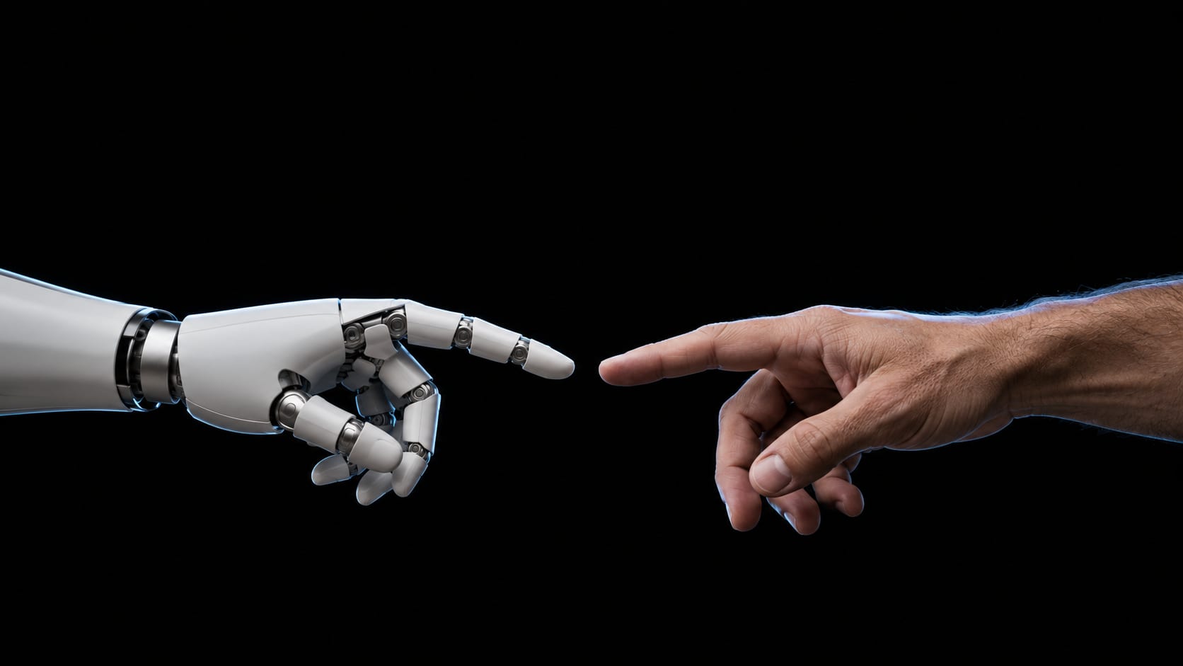 A white robotic hand and a human hand reaching toward each other on black, index fingertips almost touching