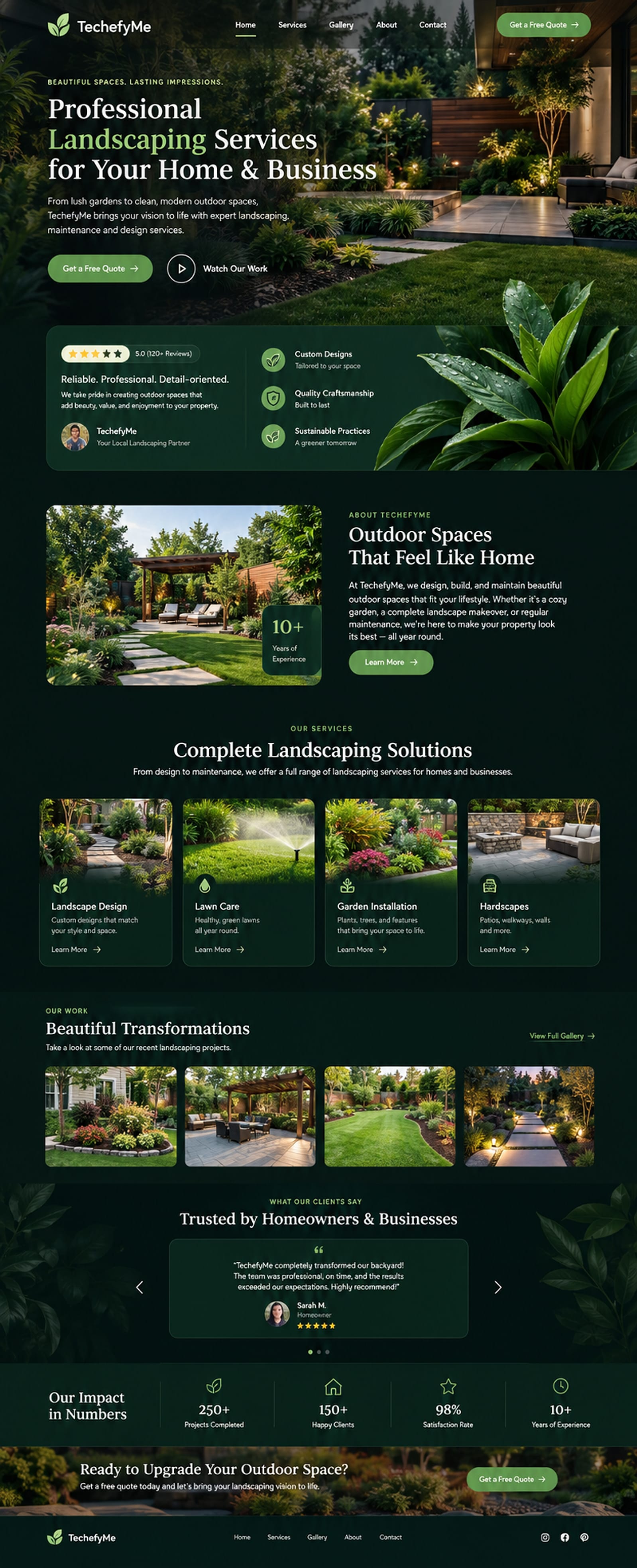 A sample landscaping company website, scrolling from the hero through services, gallery and reviews